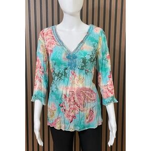 Mds Women's M Blue Top Babydoll Blouse Sequin Beaded Y2k Vintage Fairy Boho Chic